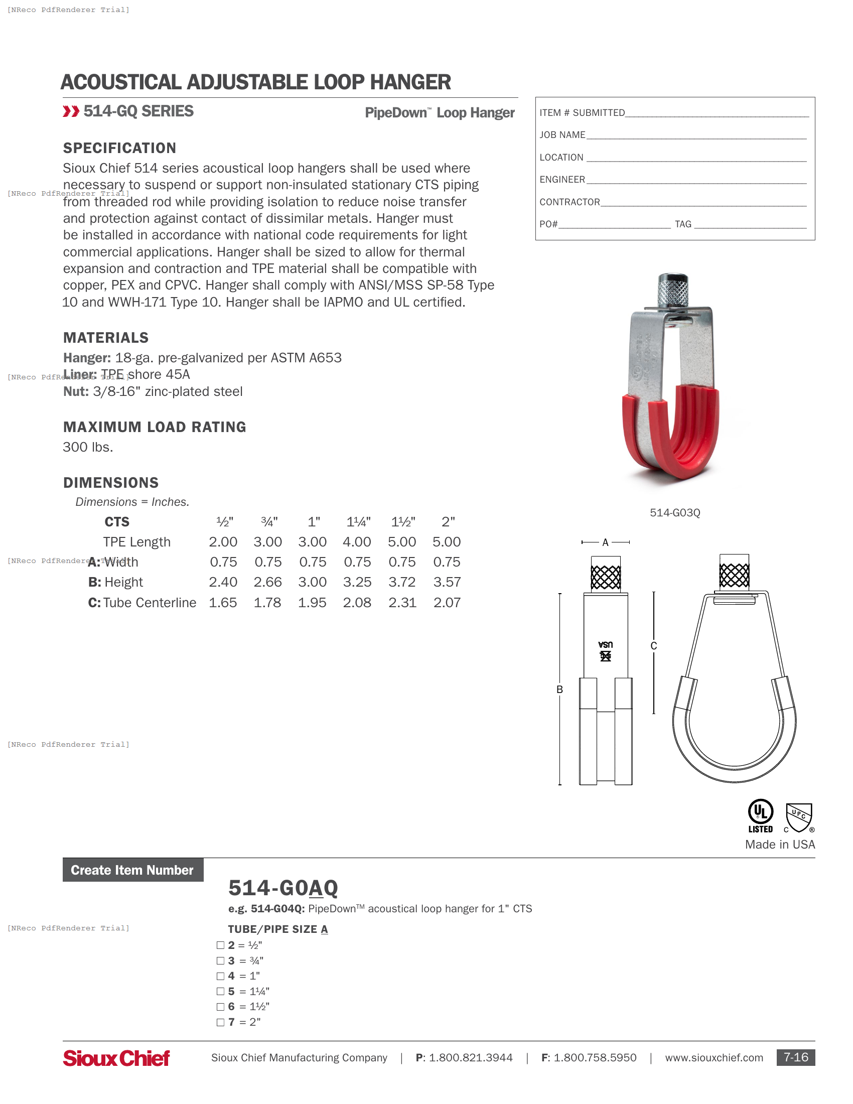 514-GQ  SERIES - PIPEDOWN LOOP HANGER - SPEC SHEET.PDF Specification Document